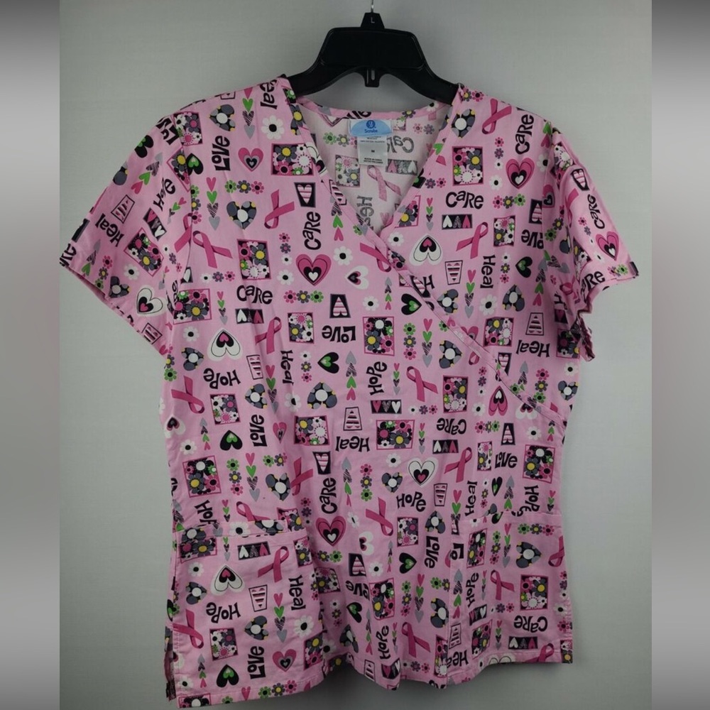 SB SCRUBS Women's Breast Cancer Pink Ribbon Medical Scrub Top M HEAL CARE HOPE